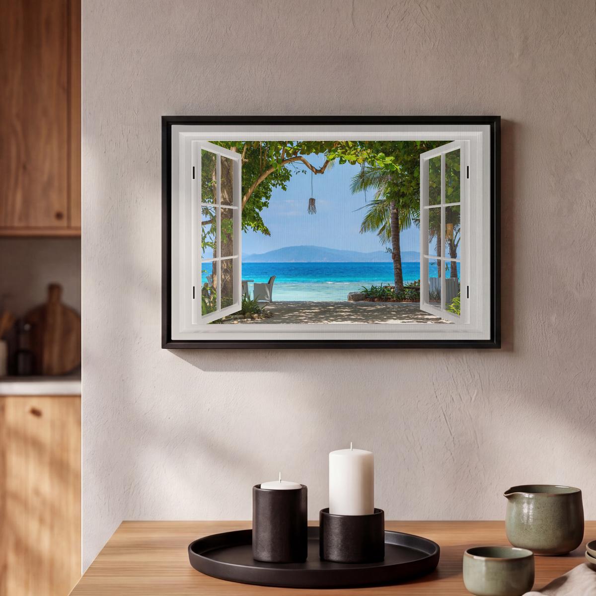 LEINWAND Bilder mit Rahmen - Aussicht - Baum - Meer - Palme - Hügel - Strand - Blau - 30x20 - Blau, Textil (30/20cm) - MuchoWow