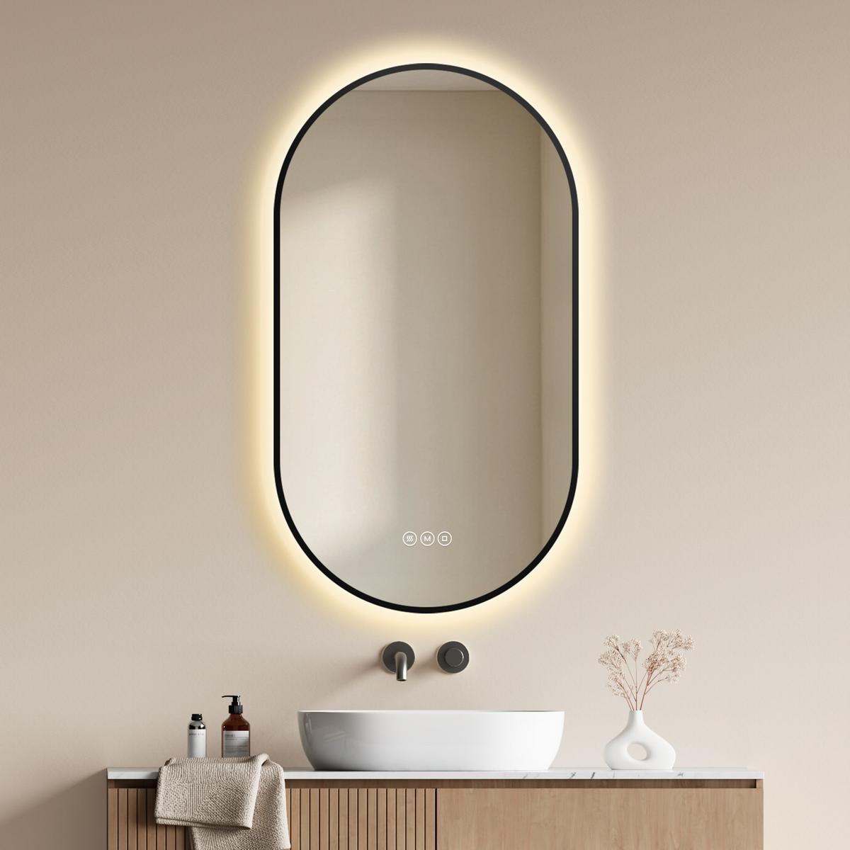 BADSPIEGEL oval mit LED-Beleuchtung 50 x 90 cm Antibeschlag Schwarz - Schwarz, Glas (90/50/3cm) - EMKE