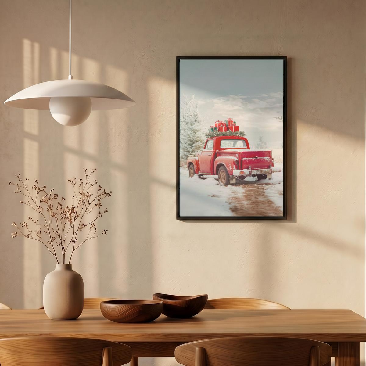 LEINWAND Bilder mit Rahmen - Auto - Rot - Geschenke - Winter - Schnee - Weihnachten - 40x60 - Rot, Textil (40/60cm) - MuchoWow