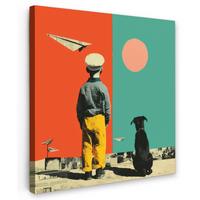 LEINWANDBILD Retro - Junge - Hund - Rot - Grün Wandbild Wohnzimmer 50x50 cm - Orange, Textil (50/50cm) - MuchoWow