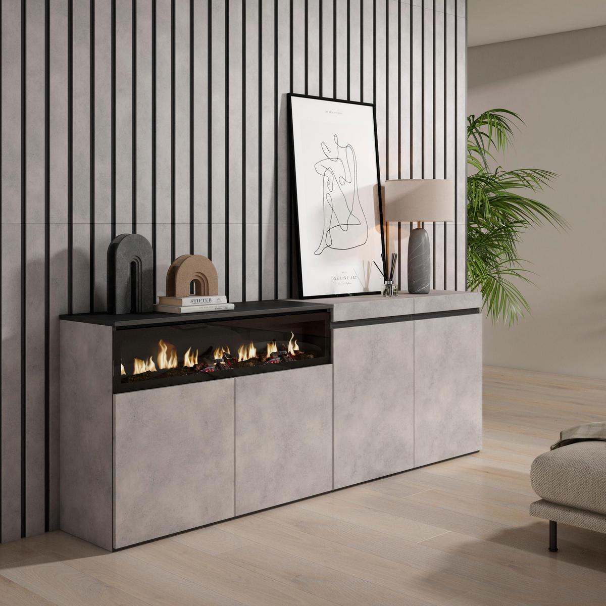 SIDEBOARD Elektrokamin, zementgrau, 200/35/75cm - Schwarz/Grau, Holzwerkstoff (200/75/35cm) - Skraut Home
