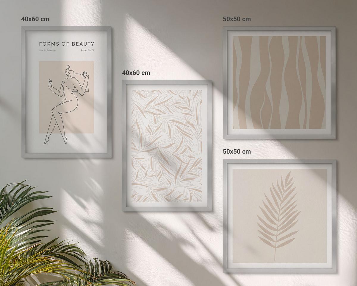 BILDER SET 4er Set - 50x50 cm & 40x60 cm Silberner Rahmen - Minimalistische Pflanzenmotive - Silberfarben, Kunststoff (50/50cm) - TULUP
