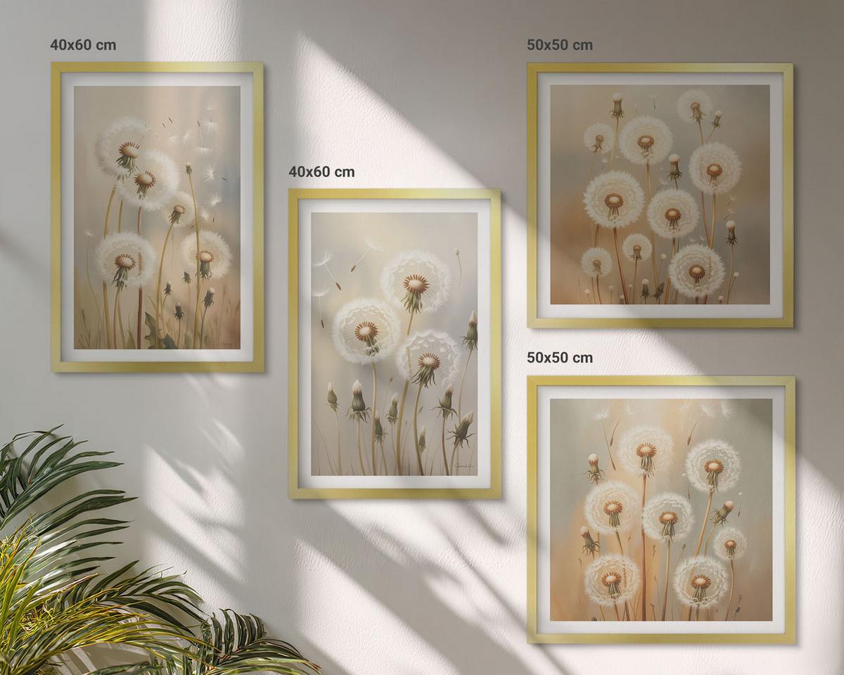 BILDER SET 4er Set - 50x50 cm & 40x60 cm Goldrahmen - Weiße Löwenzahnblüten auf hellem Hintergrund - Goldfarben, Kunststoff (50/50cm) - TULUP