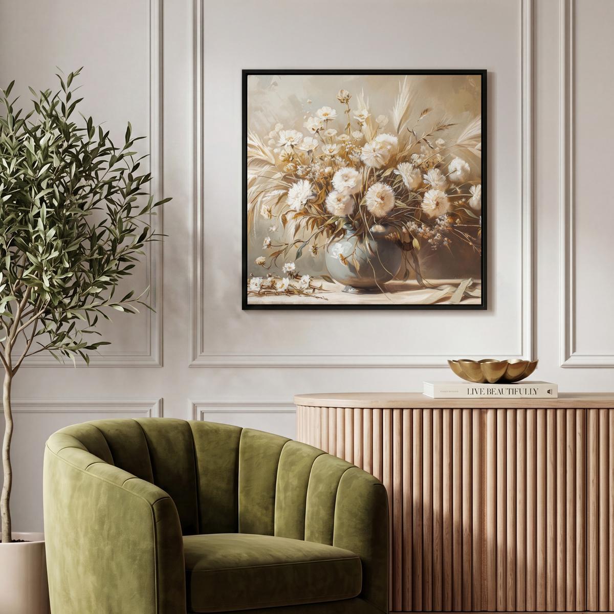 LEINWAND Bilder mit Rahmen - Blumen - Vase - Stilleben - Beige - 50x50 - Creme, Textil (50/50cm) - MuchoWow