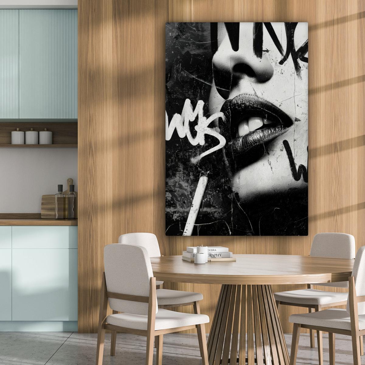 LEINWANDBILD Gesicht - Mund - Graffiti - Schwarz Deko Groß 90x140 cm - Schwarz, Textil (90/140cm) - MuchoWow