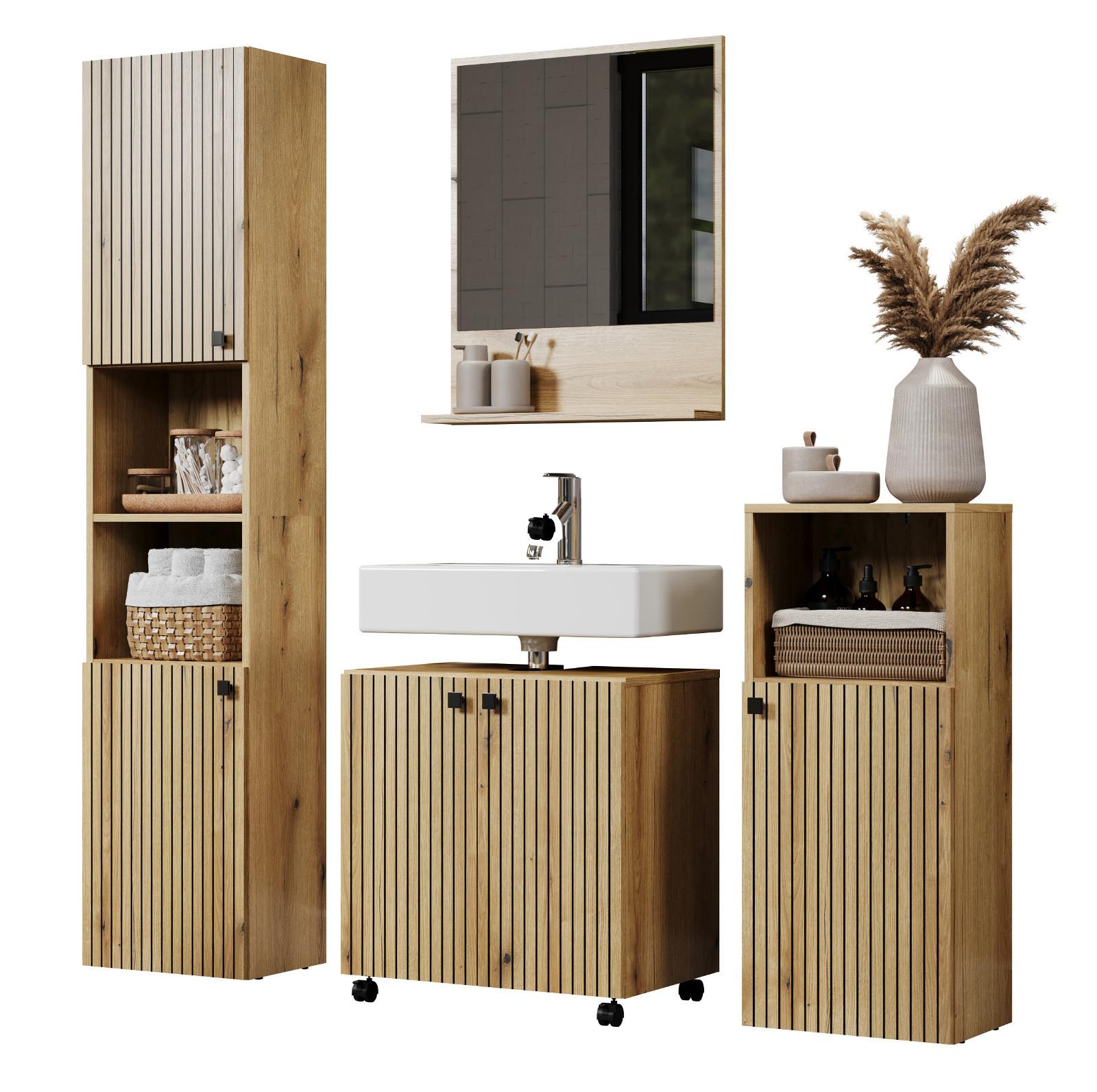 BADMÖBEL-SET Evoke Eiche 4-teilig 160 x 190 cm, Badkombination mit viel Stauraum - Eichefarben/Schwarz, Glas/Holzwerkstoff (160/190/40cm) - Top.Furn