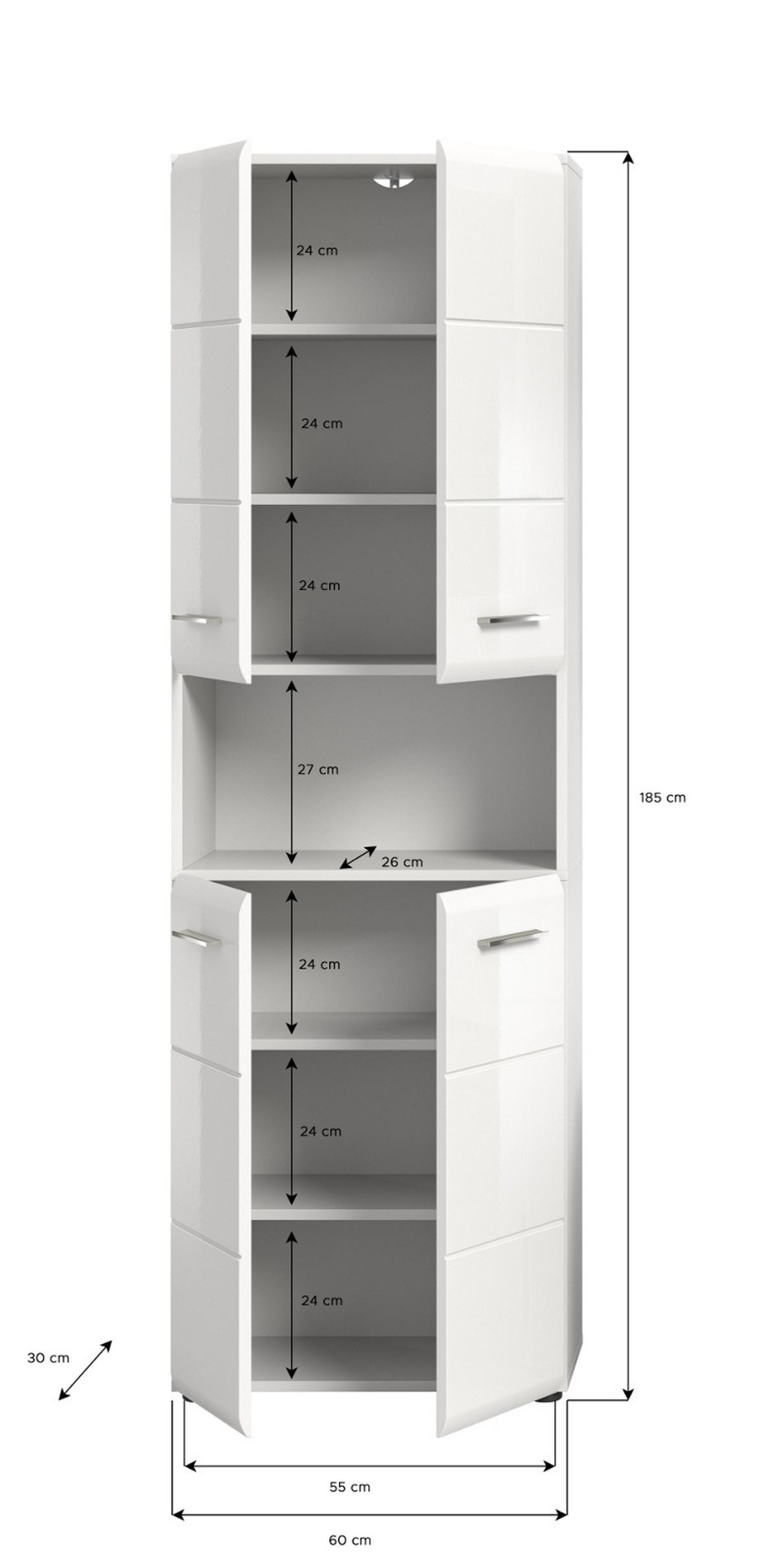 HOCHSCHRANK weiß Hochglanz, 4-türiger Badschrank 60 x 185 cm mit viel Stauraum - Weiß Hochglanz/Silberfarben, Holzwerkstoff/Kunststoff (60/185/30cm) - Inn.Furn