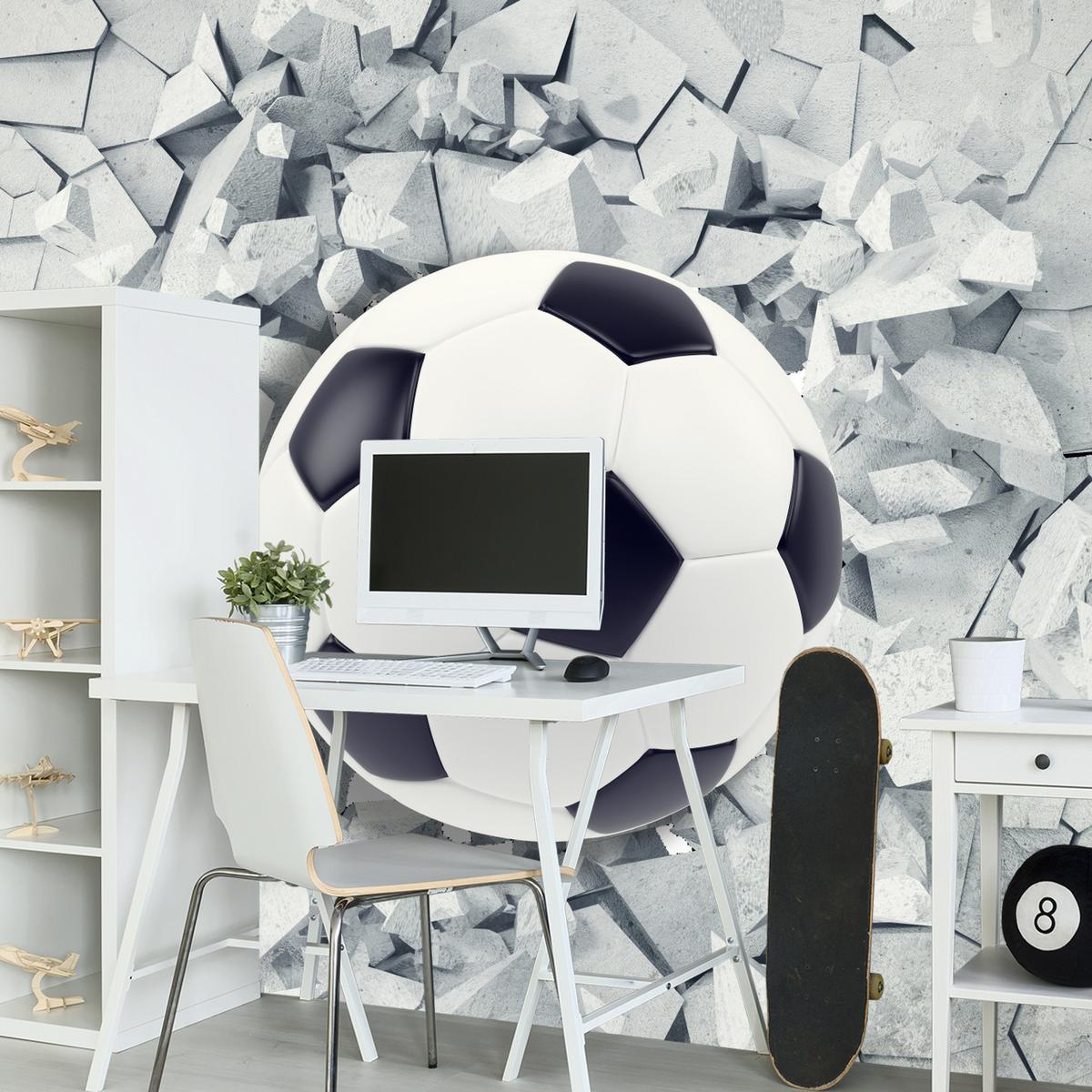 FOTOTAPETE für Kinderzimmer Fußball Riss Graue Wand Dynamik Sport 300x210 - Schwarz/Weiß, Papier (300/210cm) - Muralo