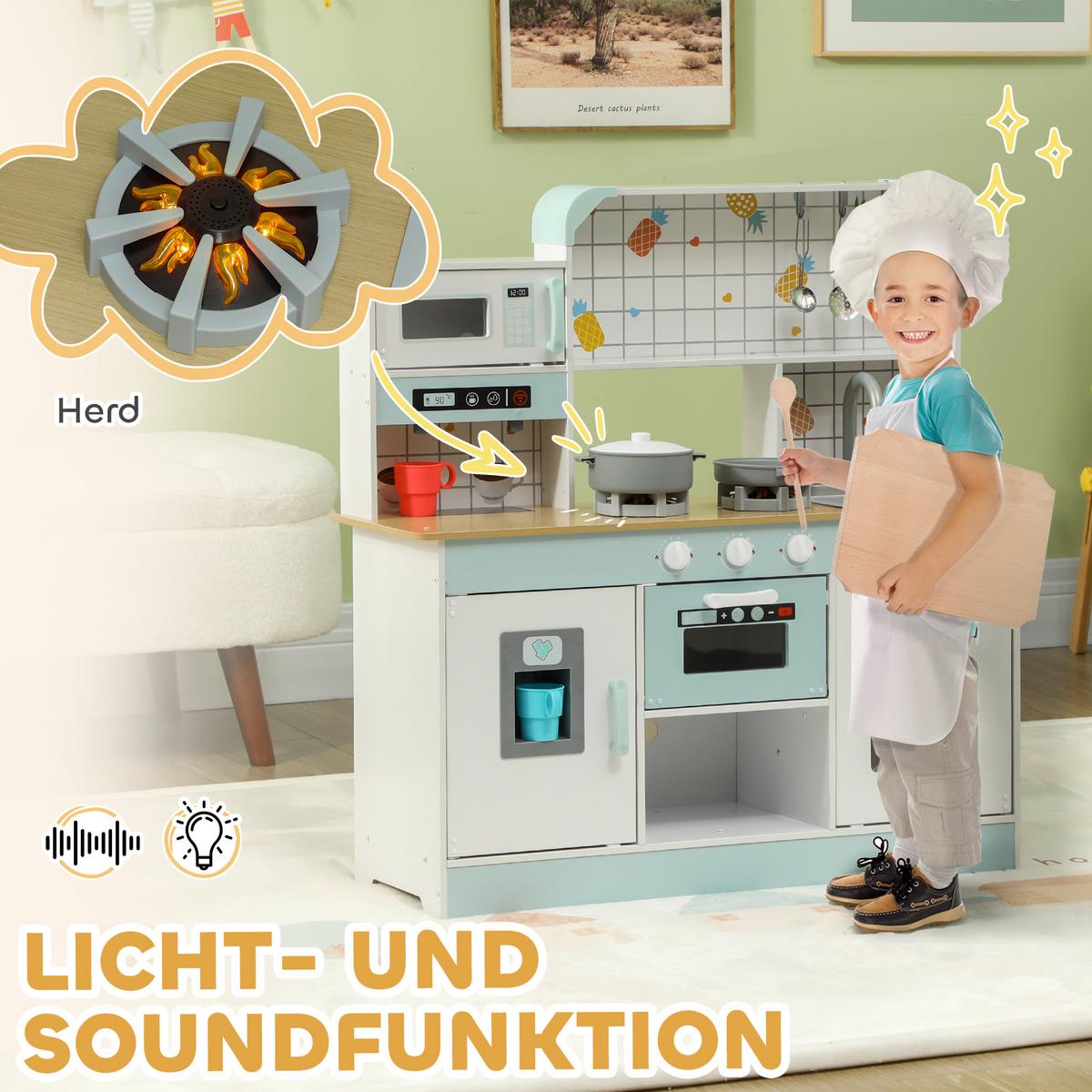 KINDERKÜCHE, Spielküche mit Lichtern, Geräuschen, Kaffeemaschine, Weiß - Weiß, Holzwerkstoff (88.6/31.7/90.4cm) - AIYAPLAY