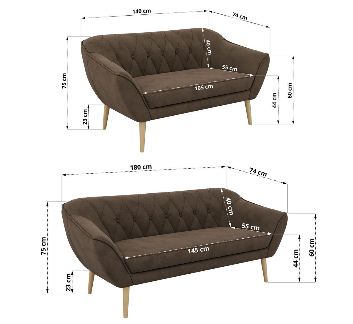 SITZGARNITUR PIRS 3+2 - Braun Velvet - Holzbeine - Dunkelbraun/Buchefarben, Holzwerkstoff/Textil (180/75/74cm) - MKS