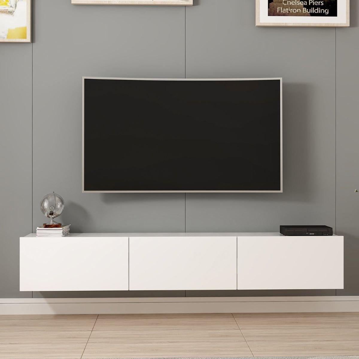 SCHWEBENDER TV-Schrank mit 3 weißen Türen, Länge 180 cm - Rigel - Weiß, Holzwerkstoff (32/30/180cm) - Calicosy