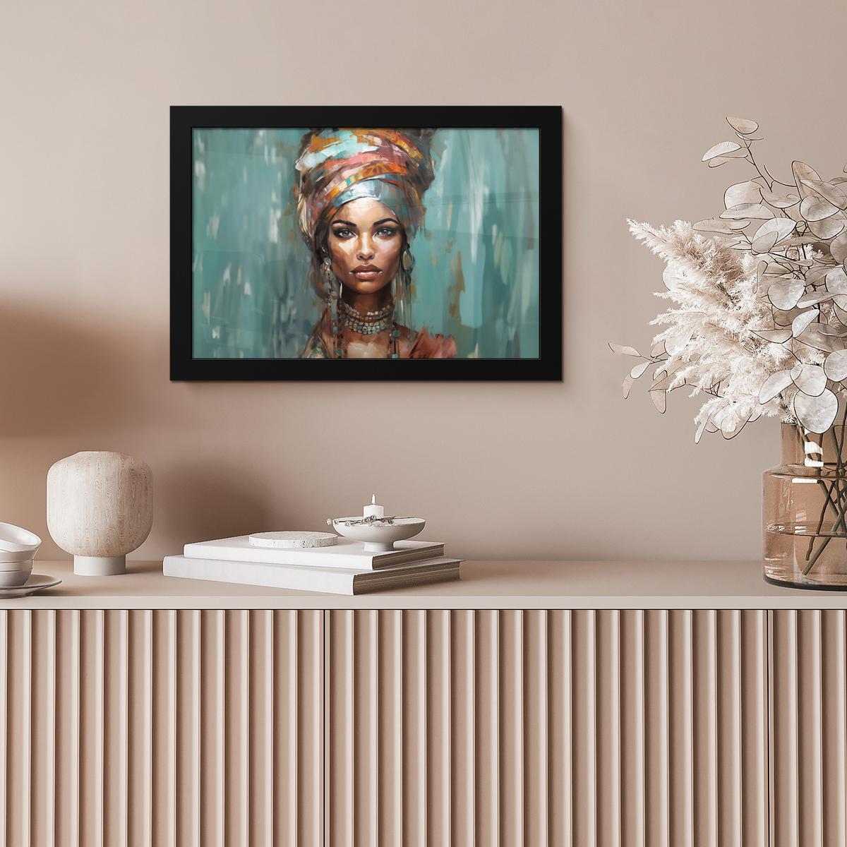 POSTER MIT RAHMENGERAHMTES BILD Frau - Kunst - Schmuck - Porträt 30x20 cm - Blaugrau, Papier (30/20cm) - MuchoWow