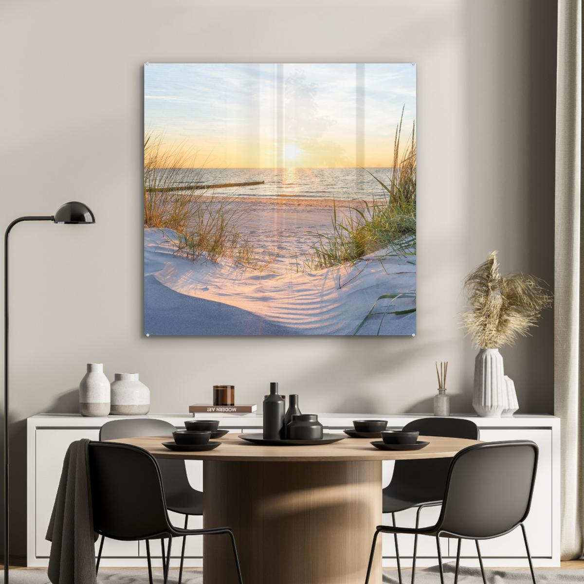 ACRYLGLASBILD Strand - Sonne - Düne - Gras - Sand - Horizont 90x90 cm - Hellblau, Glas (90/90cm) - MuchoWow
