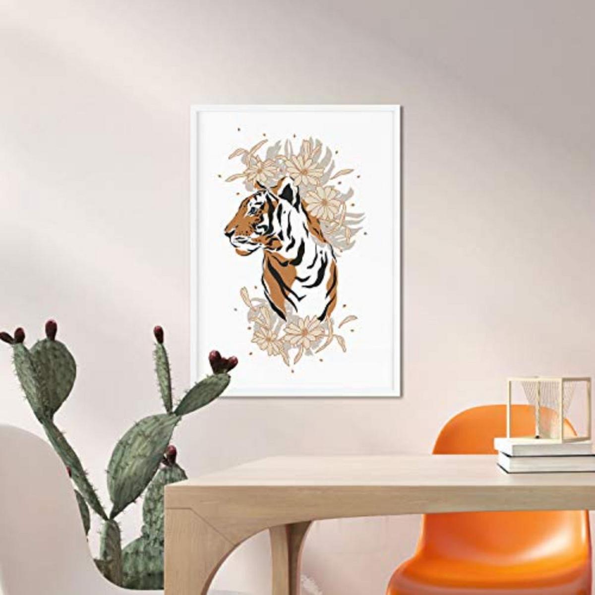 POSTER Set mit 4 Tiger ZebraKlinge, Blumen und Pflanzen aus dem Dschungel A4 Schwarzer Rahmen - Schwarz, Papier (29.7/3cm) - Nacnic