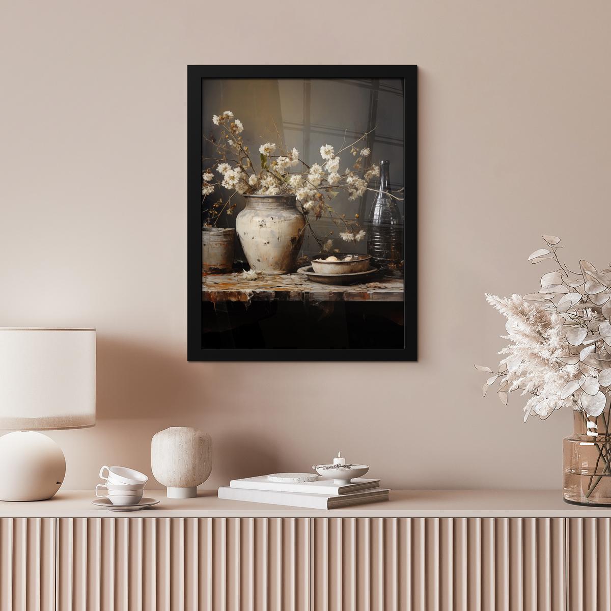 POSTER MIT RAHMEN Stilleben - Blumen - Blumenstrauß - Vase - Wein Bilderrahmen 30x40 cm - Schwarz, Papier (30/40cm) - MuchoWow