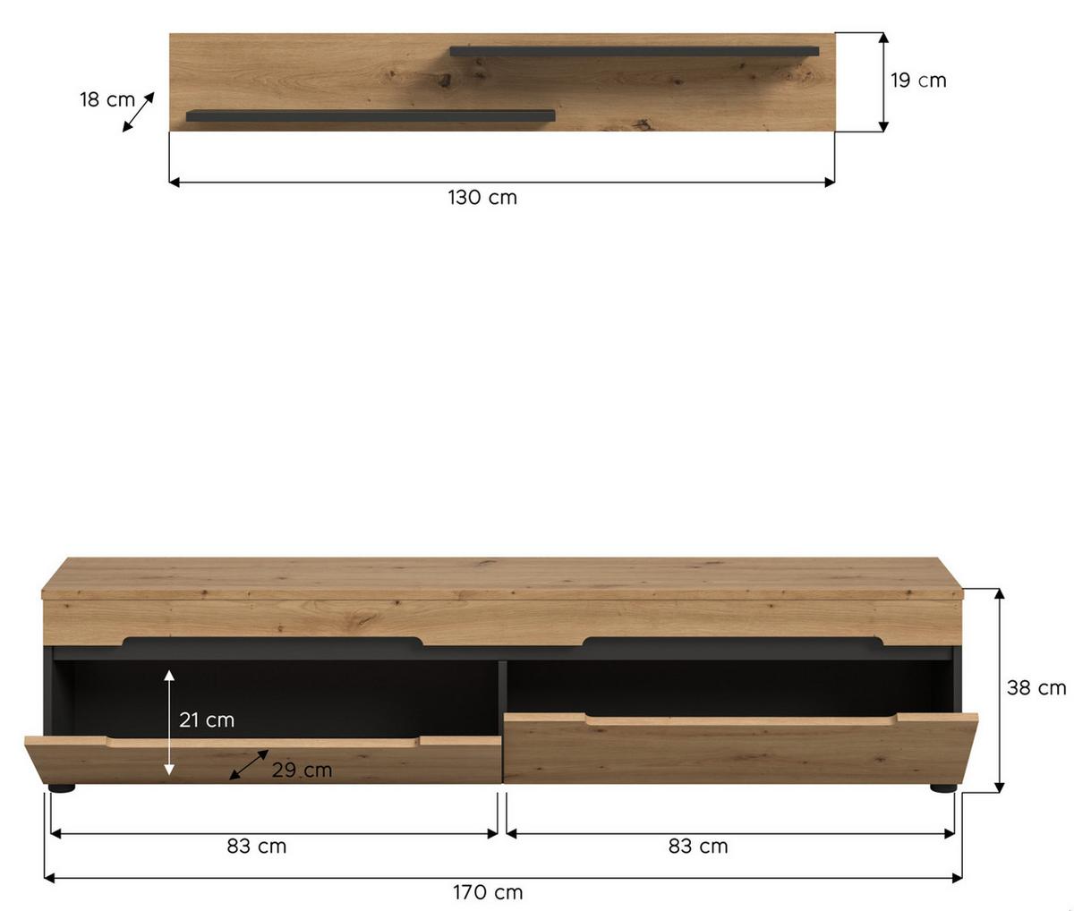 WOHNKOMBINATION Eiche Artisan, grau, 2er Set Lowboard 170 cm und Wandboard, Cooper - Schwarz/Eiche Artisan, Holzwerkstoff/Kunststoff (170/180/33cm) - Inn.Furn