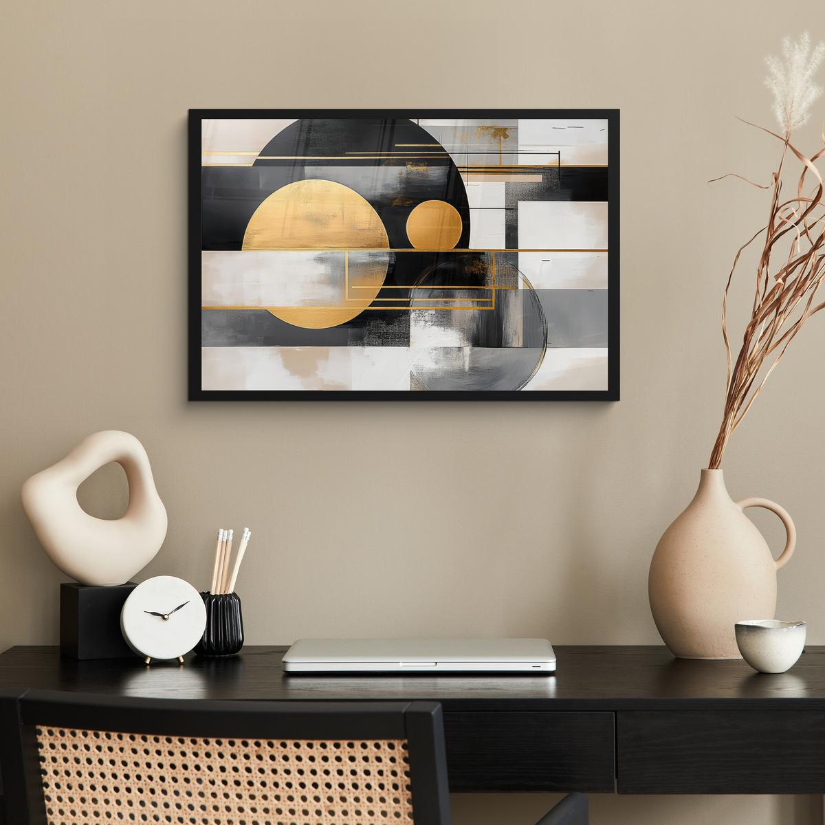 POSTER MIT RAHMENGERAHMTES BILD Abstrakt - Gold - Silber - Formen - Ästhetisch - Modern 60x40 cm - Goldfarben, Papier (60/40cm) - MuchoWow