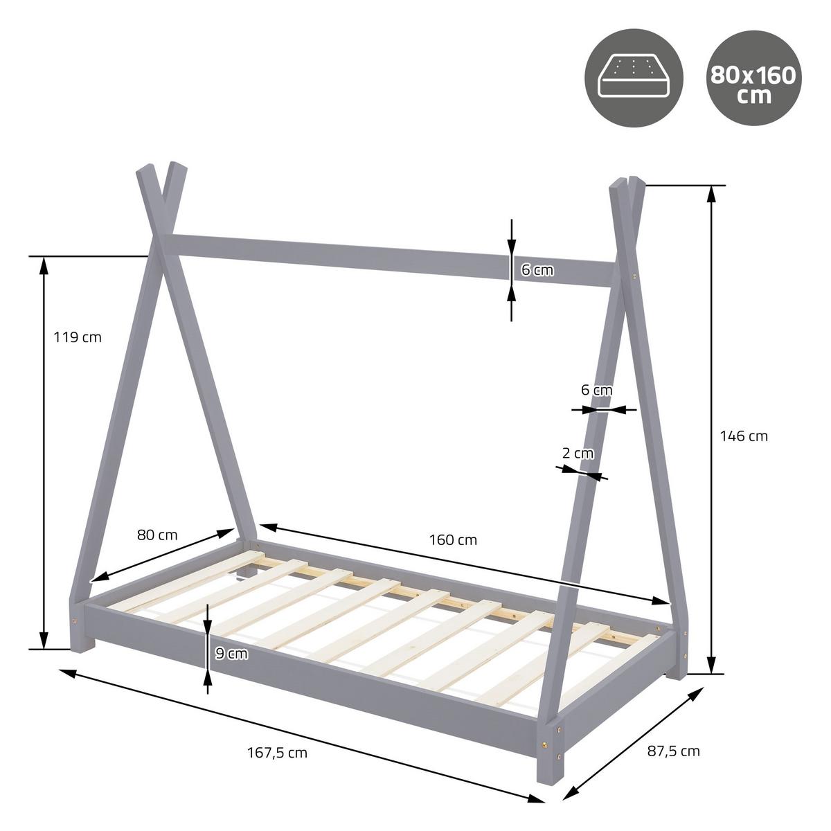 KINDERBETT Tipi 80x160 cm Hellgrau - Hellgrau, Holz (80/160cm) - ML-DESIGN