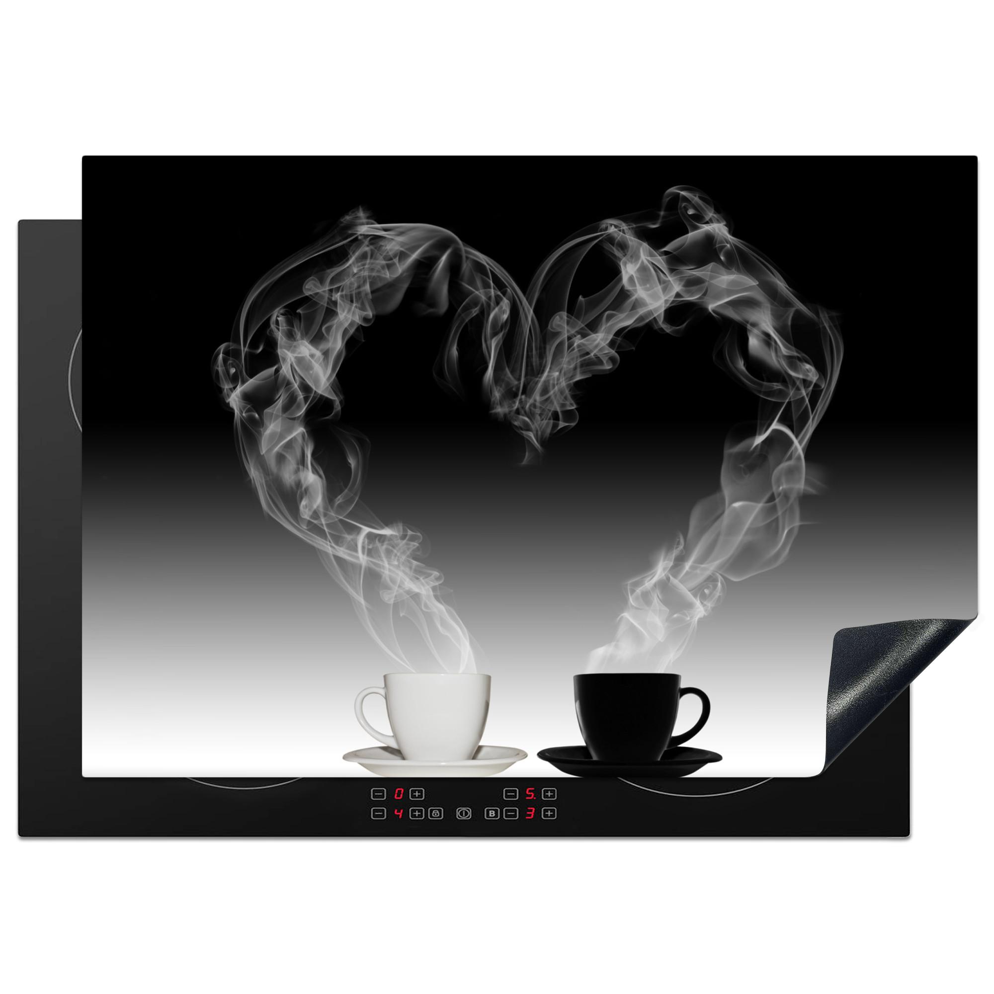 HERDABDECKPLATTE Kaffee - Herz - Schwarz und weiß - Tassen Herdabdeckung Induktionsfeld 75x52 cm - Weiß, Kunststoff (75/52/0.2cm) - MuchoWow