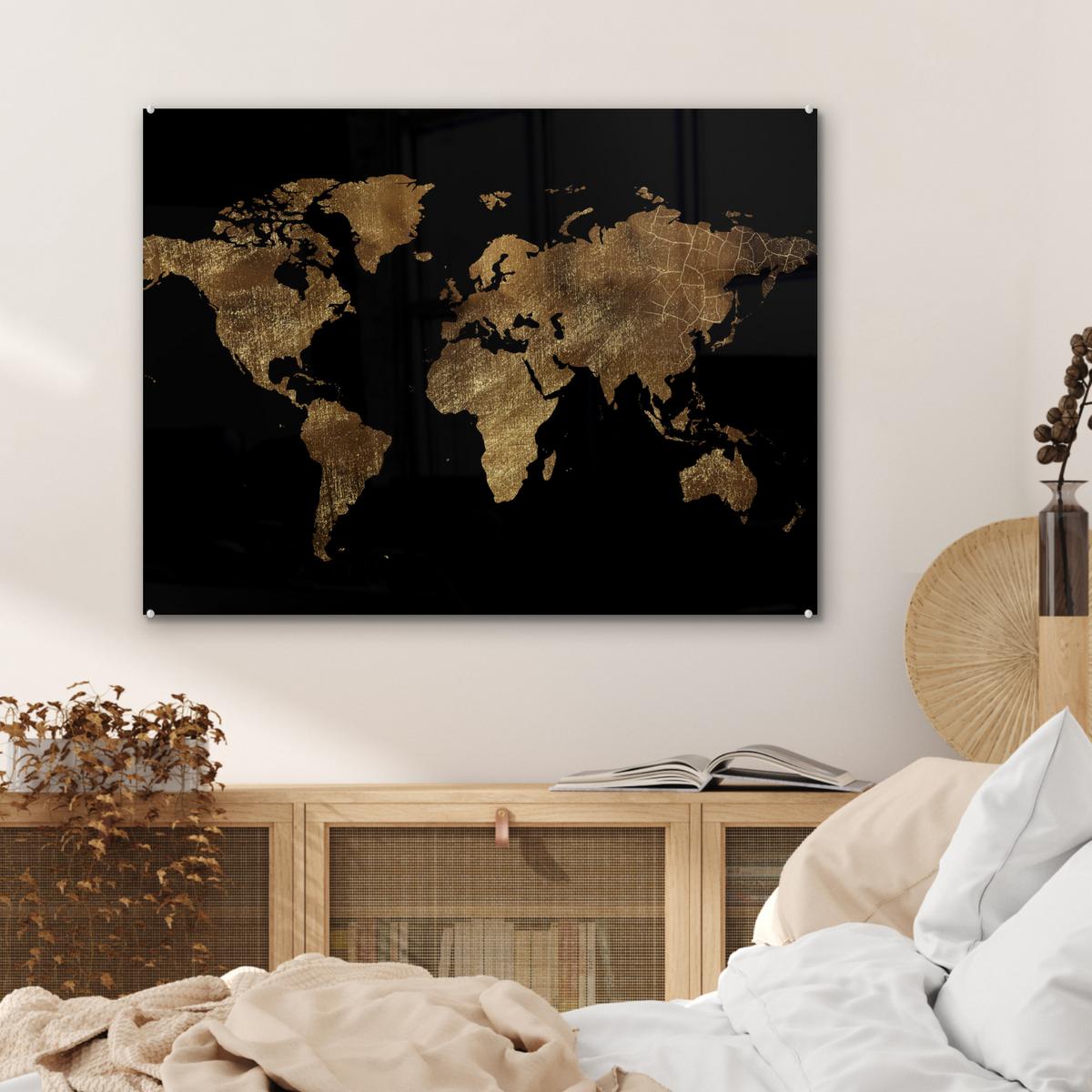 ACRYLGLASBILD Weltkarte - Gold - Luxus - Erde - Schwarz 80x60 cm - Goldfarben, Glas (80/60cm) - MuchoWow