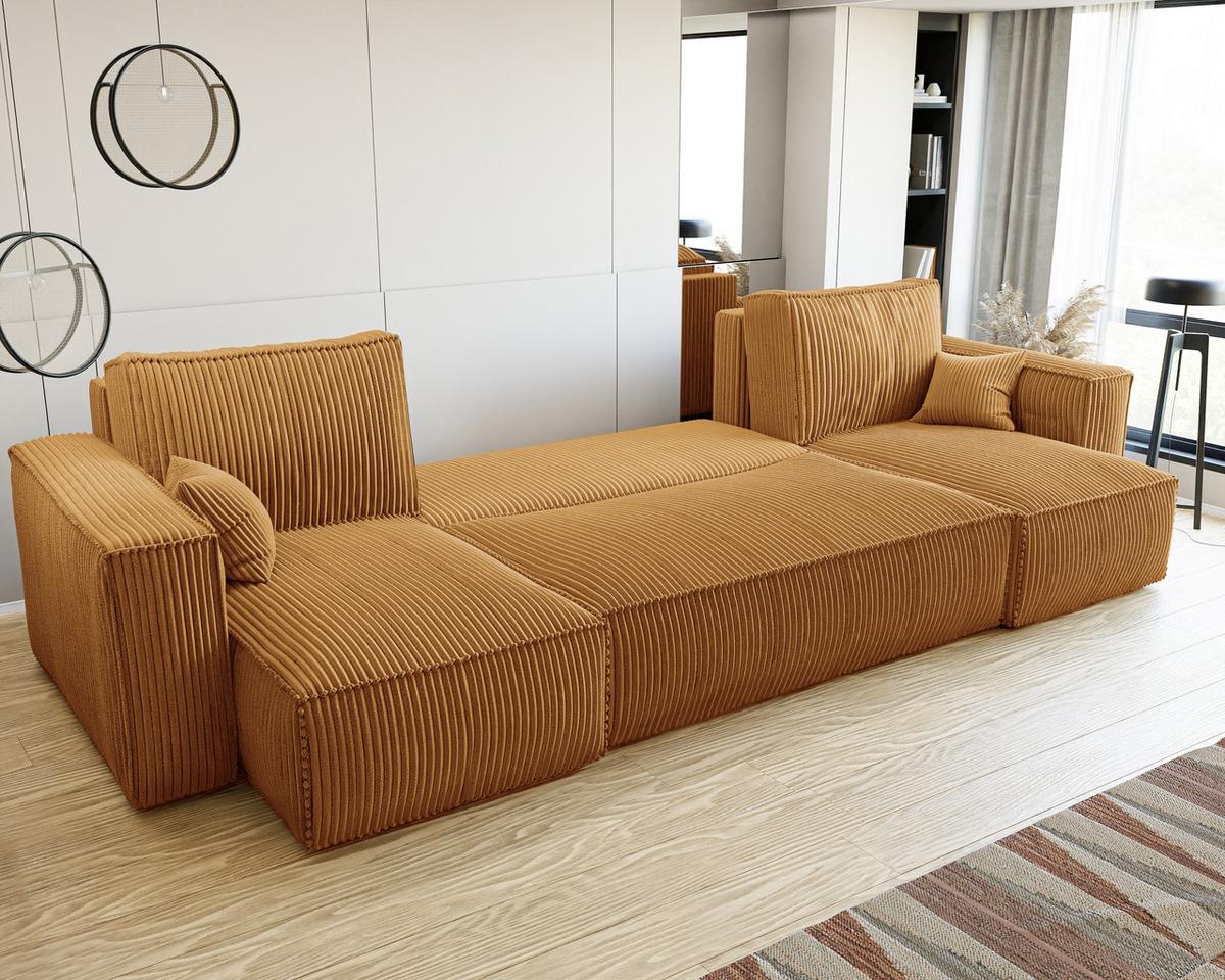 ECKSOFA mit Schlaffunktion und Bettkasten, Senfgelb - Gelb, Holzwerkstoff/Textil (312/145cm) - Idohome