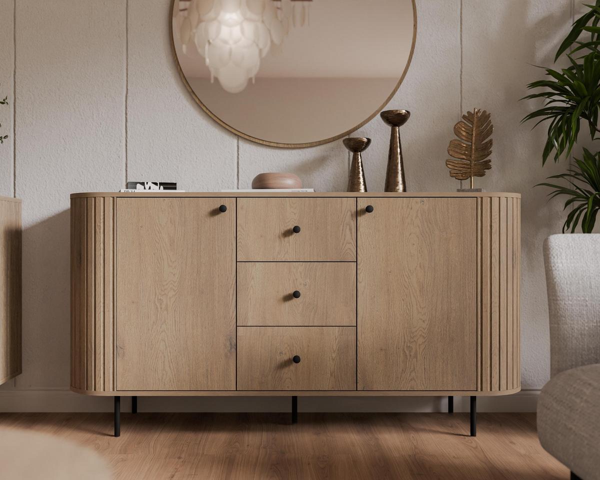 SIDEBOARD Halay Eiche Cremona 2 Türen & 3 Schubladen Moderne Rillenstruktur 164,6 cm - Eichefarben/Schwarz, Holzwerkstoff/Metall (164.6/85.4/42.3cm) - AX Living