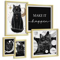 BILDER SET 5er Set - 50x50 cm & 20x30 cm & 40x60 cm Goldrahmen - Schwarze Katzen, Mond, Planet - Goldfarben, Kunststoff (40/60cm) - TULUP