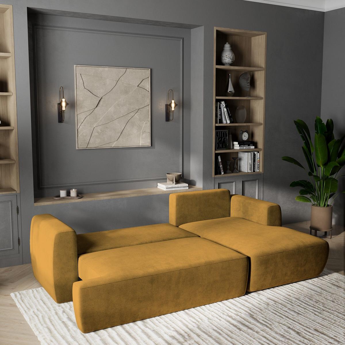 ECKSOFA SENTI K R-S Gelb Plüsch-Stoff mit Schlaffunktion - Gelb/Schwarz, Holz/Kunststoff (246/148cm) - MASSENO