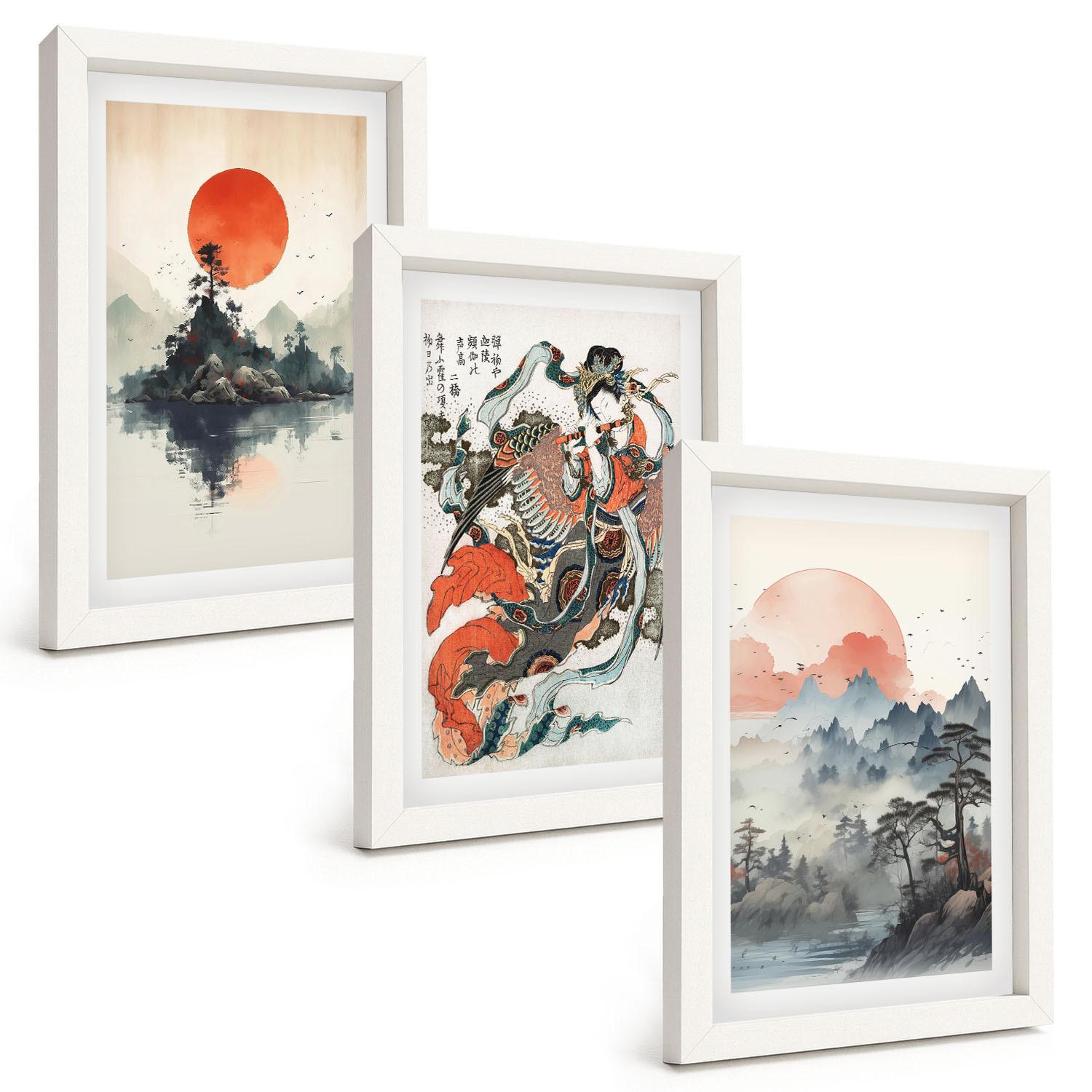 BILDER SET 3er Set - 20x30 cm Weißer Rahmen - Asiatische Japandi-Malereien - Weiß, Kunststoff (20/30cm) - TULUP