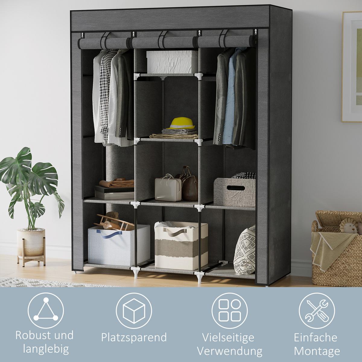 STOFFSCHRANK, Faltschrank, Kleiderschrank mit Kleiderstangen 8 Ebenen Dunkelgrau - Dunkelgrau, Metall (43/162.5/125cm) - HOMCOM