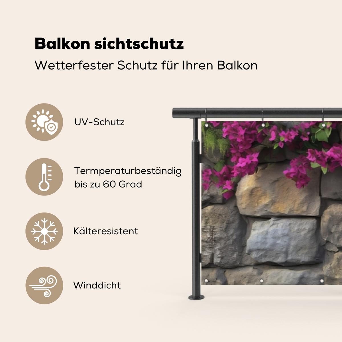 BALKON-SICHTSCHUTZ Bougainvillea - Steinmauer - Rosa Groß 500x90 cm - Magenta, Kunststoff (500/90cm) - MuchoWow