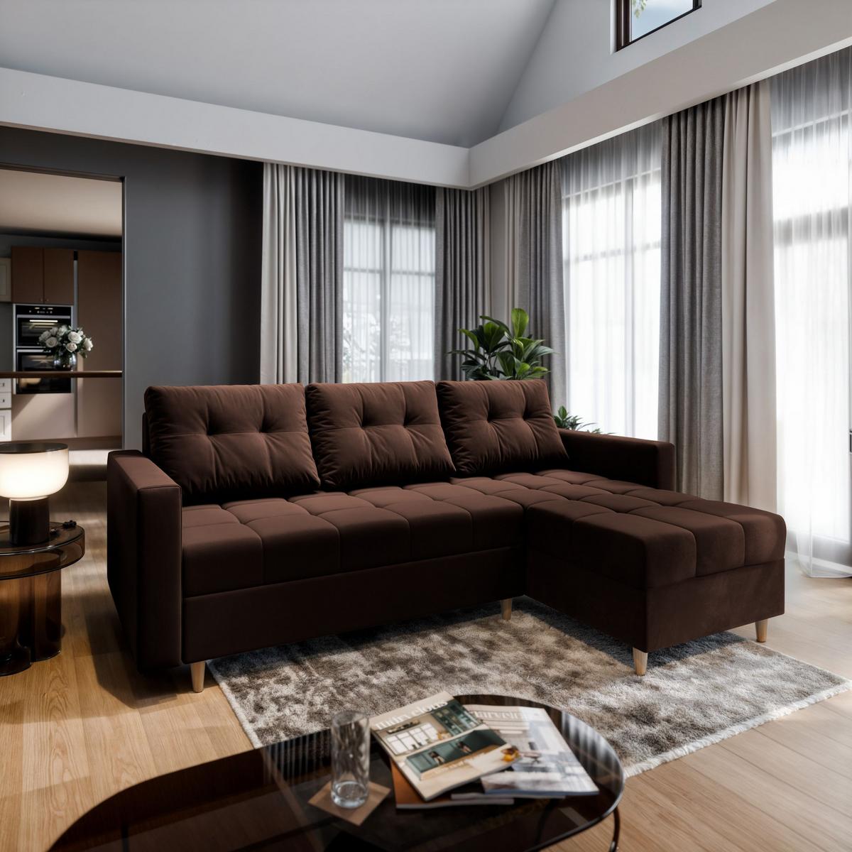 ECKSOFA MILO L Braun Plüsch-Stoff mit Schlaffunktion - Braun, Holz/Textil (220/140cm) - MASSENO