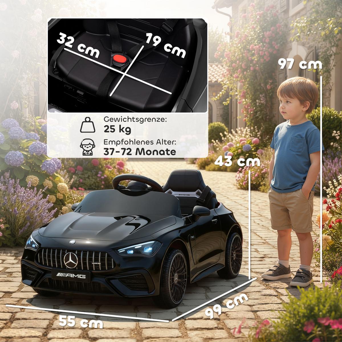 KINDER-ELEKTROAUTO 2 x 12V Kinderauto mit Musik, MP3, Sanftem Start/Stopp - Schwarz, Kunststoff (99/55/43cm) - AIYAPLAY