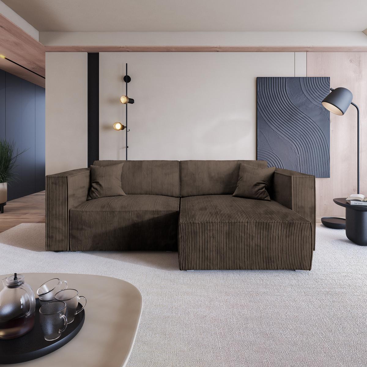 ECKSOFA NERIO P Braun Kordstoff mit Schlaffunktion - Braun/Grau, Holz/Kunststoff (245/148cm) - MASSENO