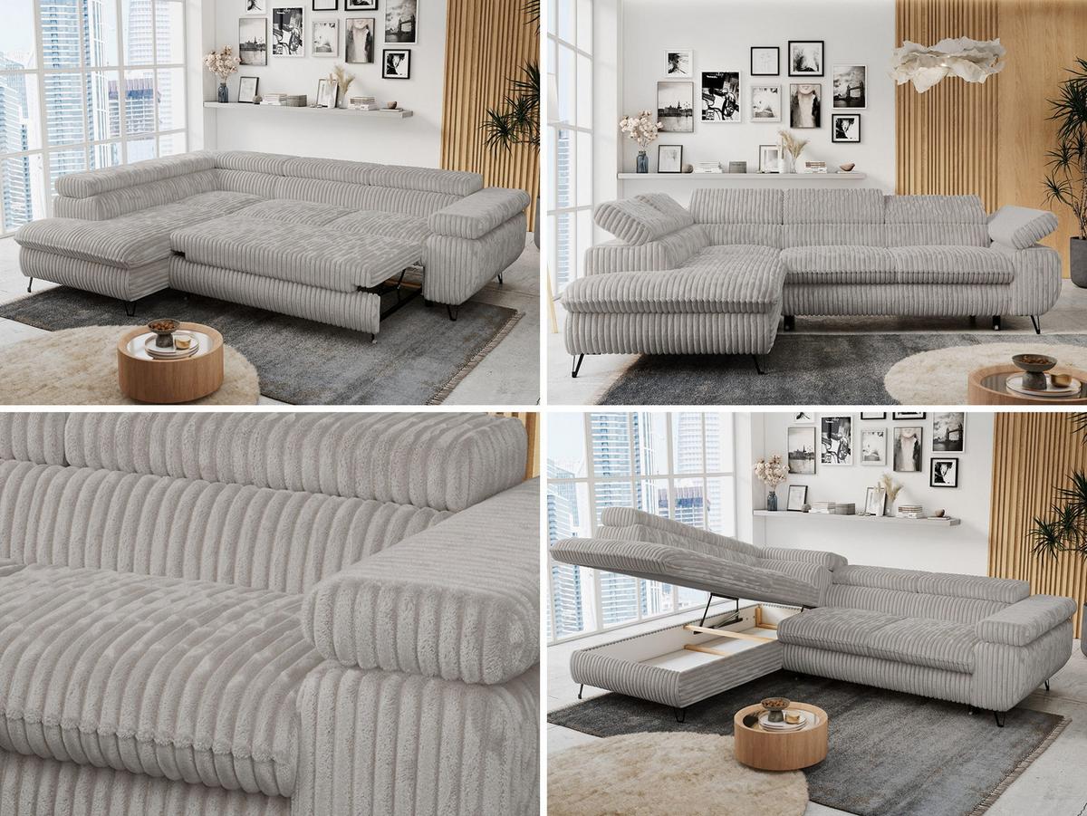 ECKSOFA PETER L Hellgrau Cord - Links Seite - Hellgrau/Schwarz, Textil/Metall (208/273cm) - MKS