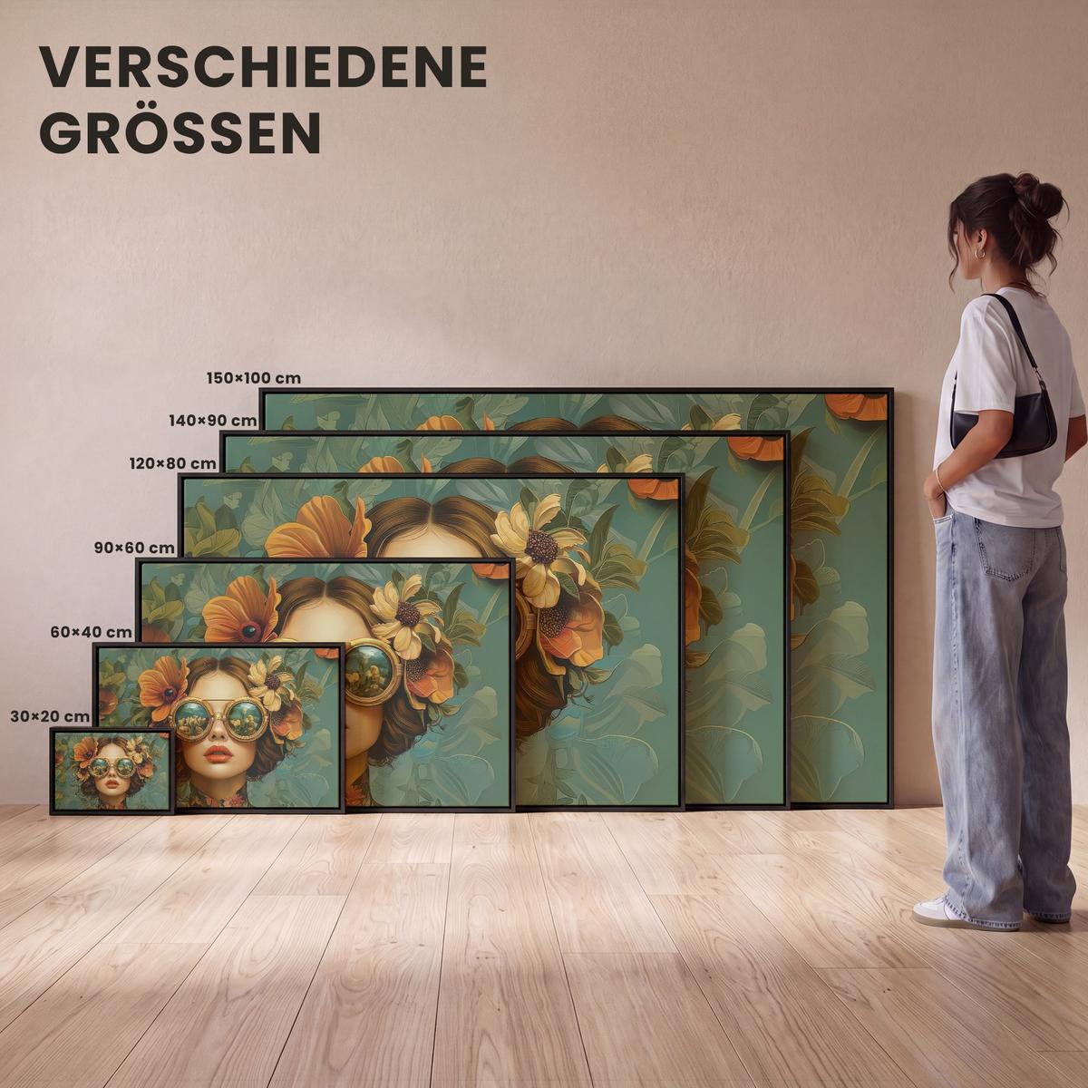 LEINWAND Bilder mit Rahmen - Frau - Blumen - Schmetterlinge - Natur - Vintage - 60x40 - Salbeigrün, Textil (60/40cm) - MuchoWow