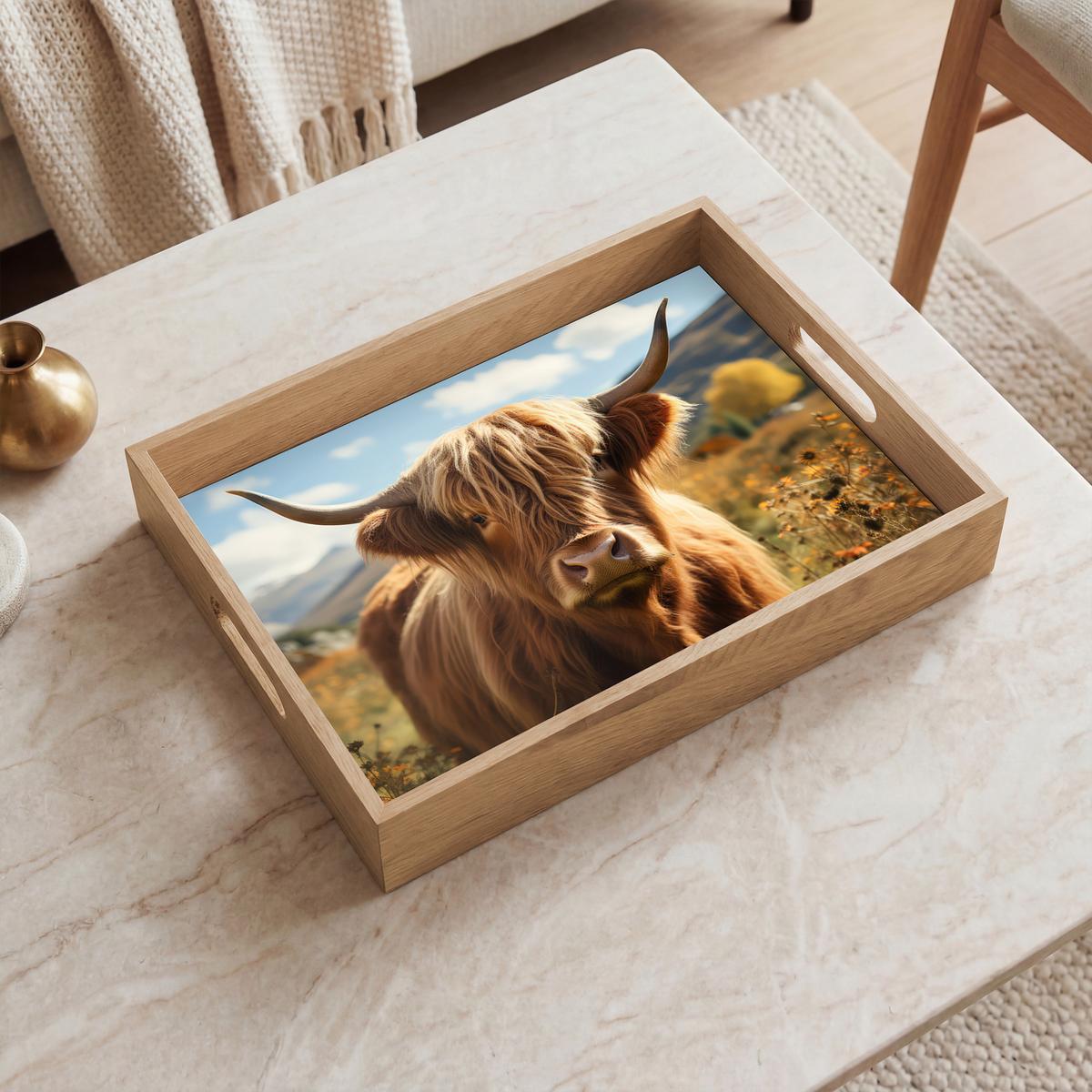TABLETT Schottische Highlander - Blumen - Hörner - Wolken 40x30 cm - Braun, Holz (40/5/5cm) - OnlyWow