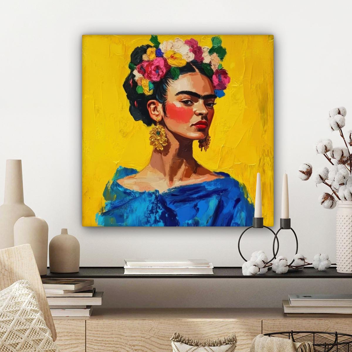 LEINWANDBILD Frida Kahlo - Frau - Gelb - Blau - Blumen Wandbild Wohnzimmer 50x50 cm - Gelb, Textil (50/50cm) - MuchoWow