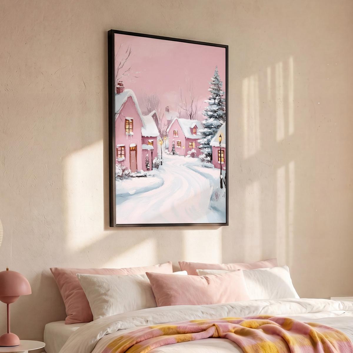LEINWAND Bilder mit Rahmen - Weihnachtsdorf - Rosa - Winter - Schnee - Häuser - 90x140 - Altrosa, Textil (90/140cm) - MuchoWow
