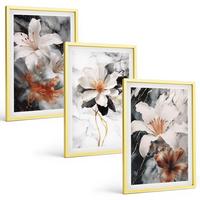BILDER SET 3er Set - 40x60 cm Goldrahmen - Blumen Marmor weiß schwarz - Goldfarben, Kunststoff (40/60cm) - TULUP