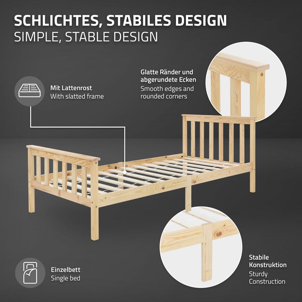 HOLZBETT 90x200 cm Natur Kiefernholz mit Lattenrost und Matratze H10cm - Naturfarben, Holz/Textil (90/200cm) - ML-DESIGN