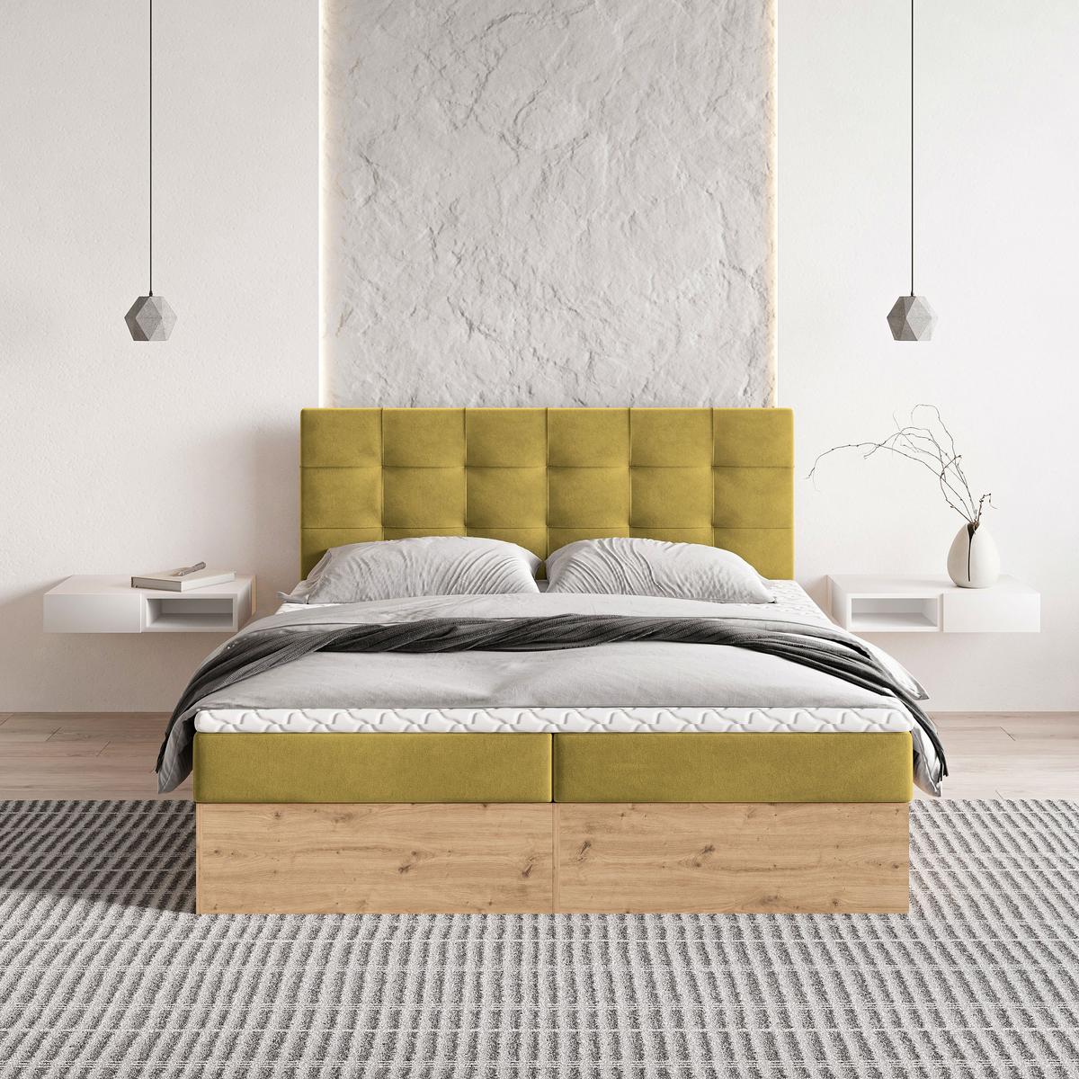 BOXBETT MOLVEN 180x200 cm mit Matratze und Topper - Gelb - Gelb, Holz (180/200cm) - MASSENO
