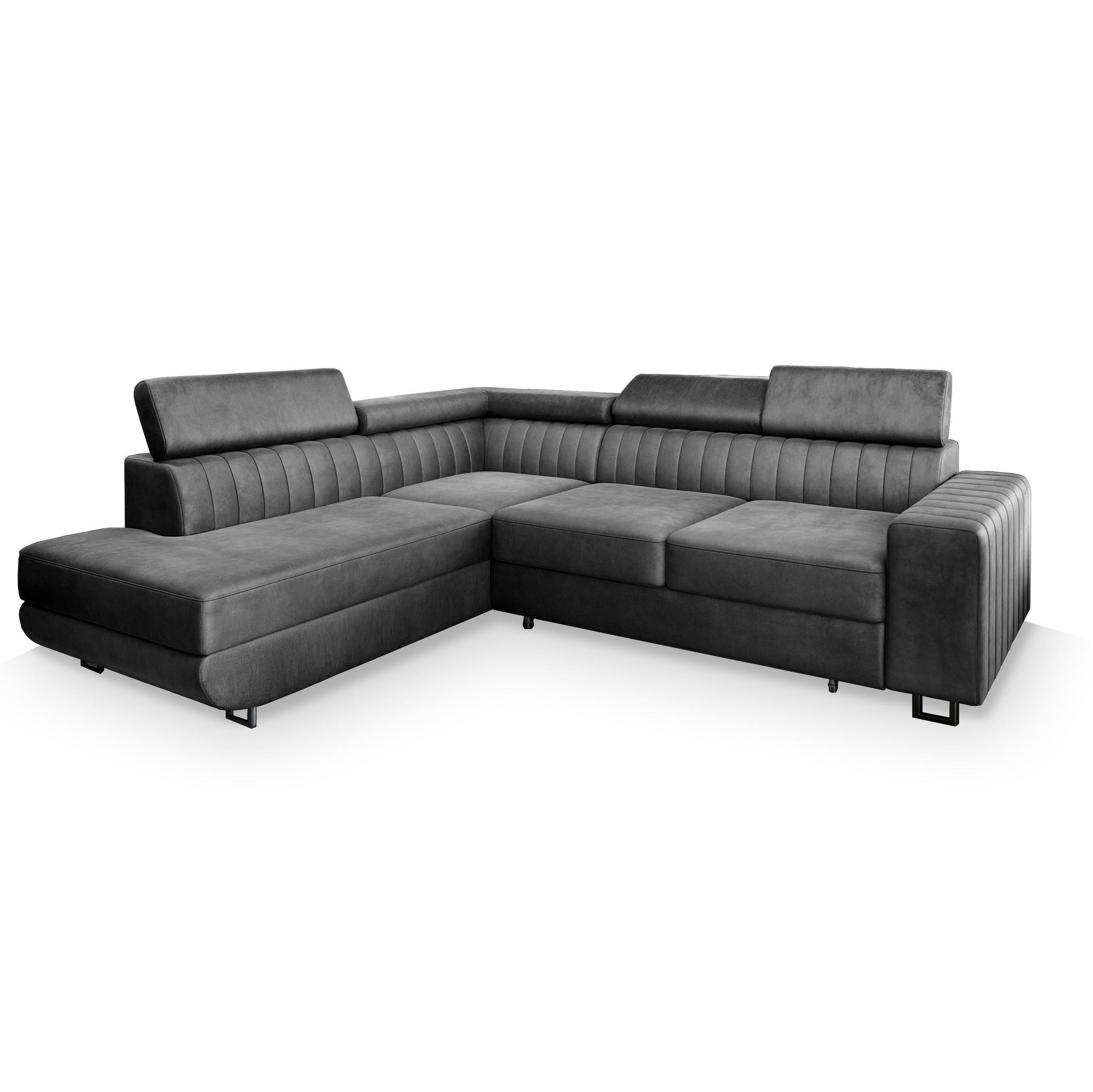 ECKSOFA NOLA L-S Grau Velours-Stoff mit Schlaffunktion - Silberfarben/Grau, Holz/Textil (253/190cm) - MASSENO