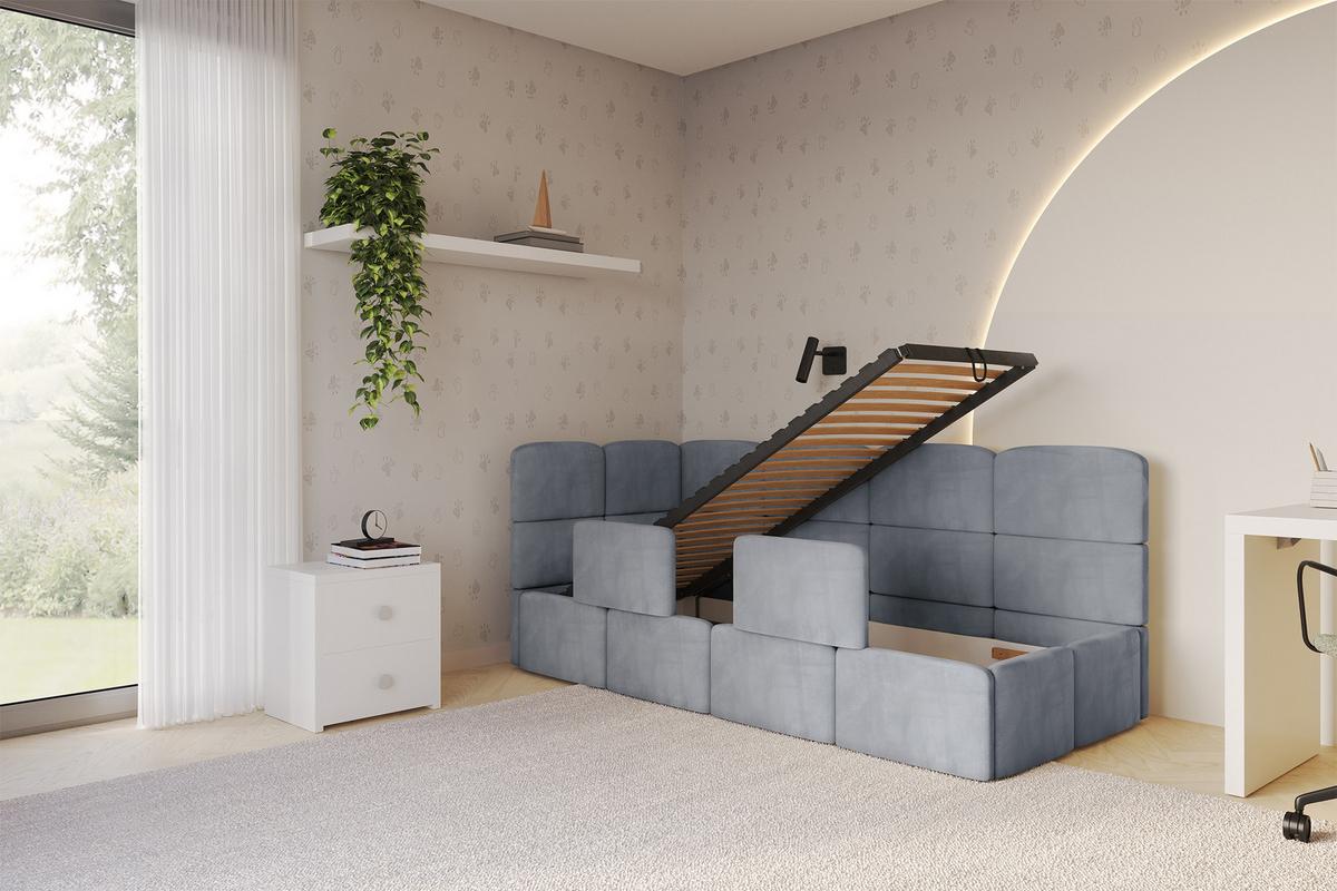 EINZELLBETT Jugendbett mit Bettkasten und Matratze H3/H4, Rechts - KIVY 80x200 Grau - Blaugrau, Holzwerkstoff/Textil (80/200cm) - ALTDECOR