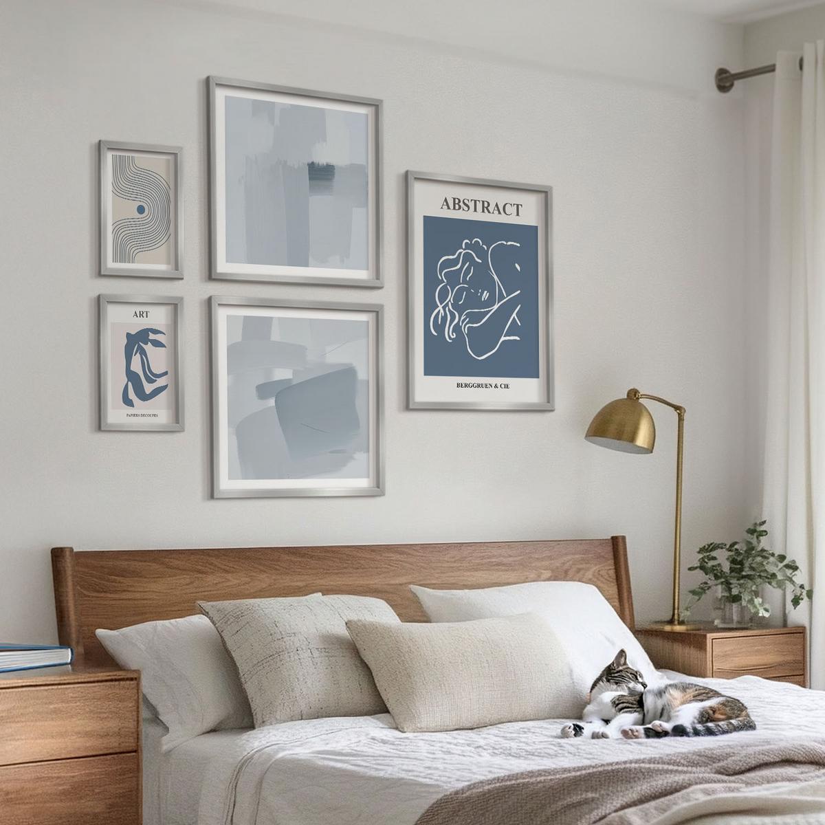BILDER SET 5er Set - 50x50 cm & 20x30 cm & 40x60 cm Silberner Rahmen - Poster mit abstrakten Linien und Wellen - Silberfarben, Kunststoff (40/60cm) - TULUP