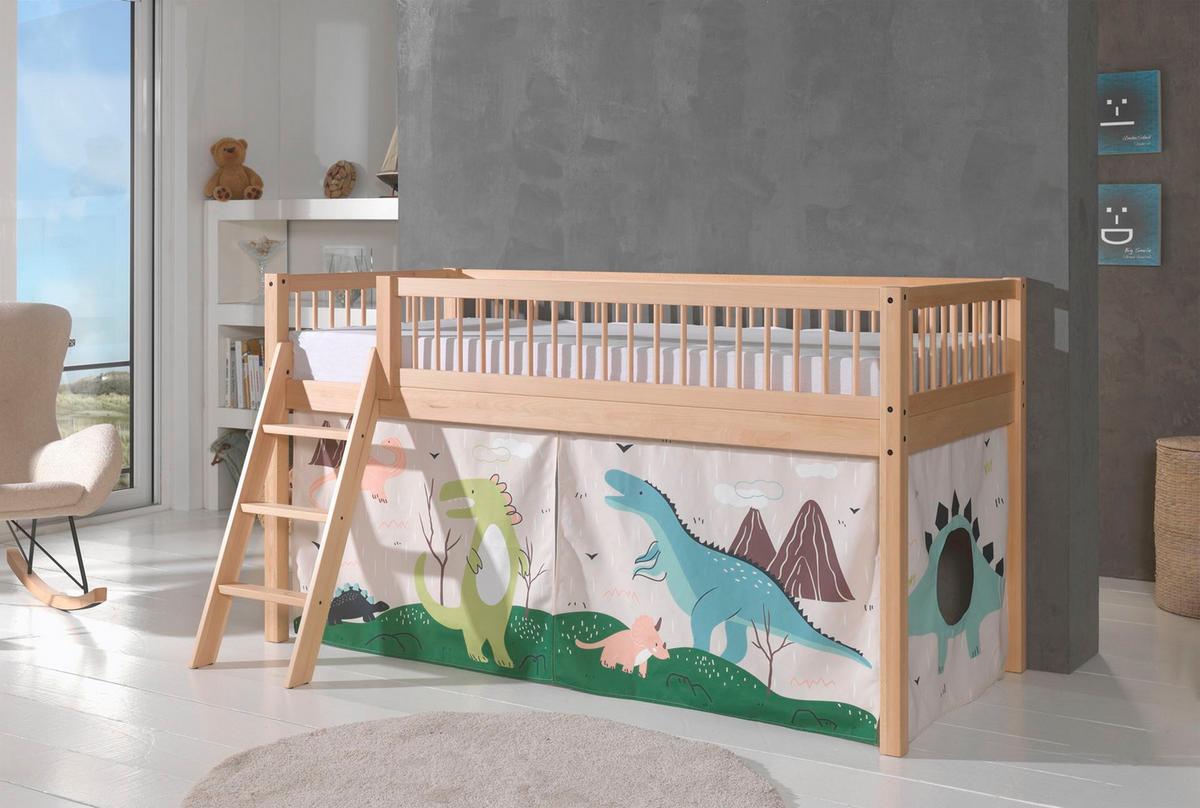 HALBHOHES BETT Kelci 90x200 Textilset Dino Buche Massivholz natur - Buchefarben, Holz (90/200cm) - 58aufmkessel