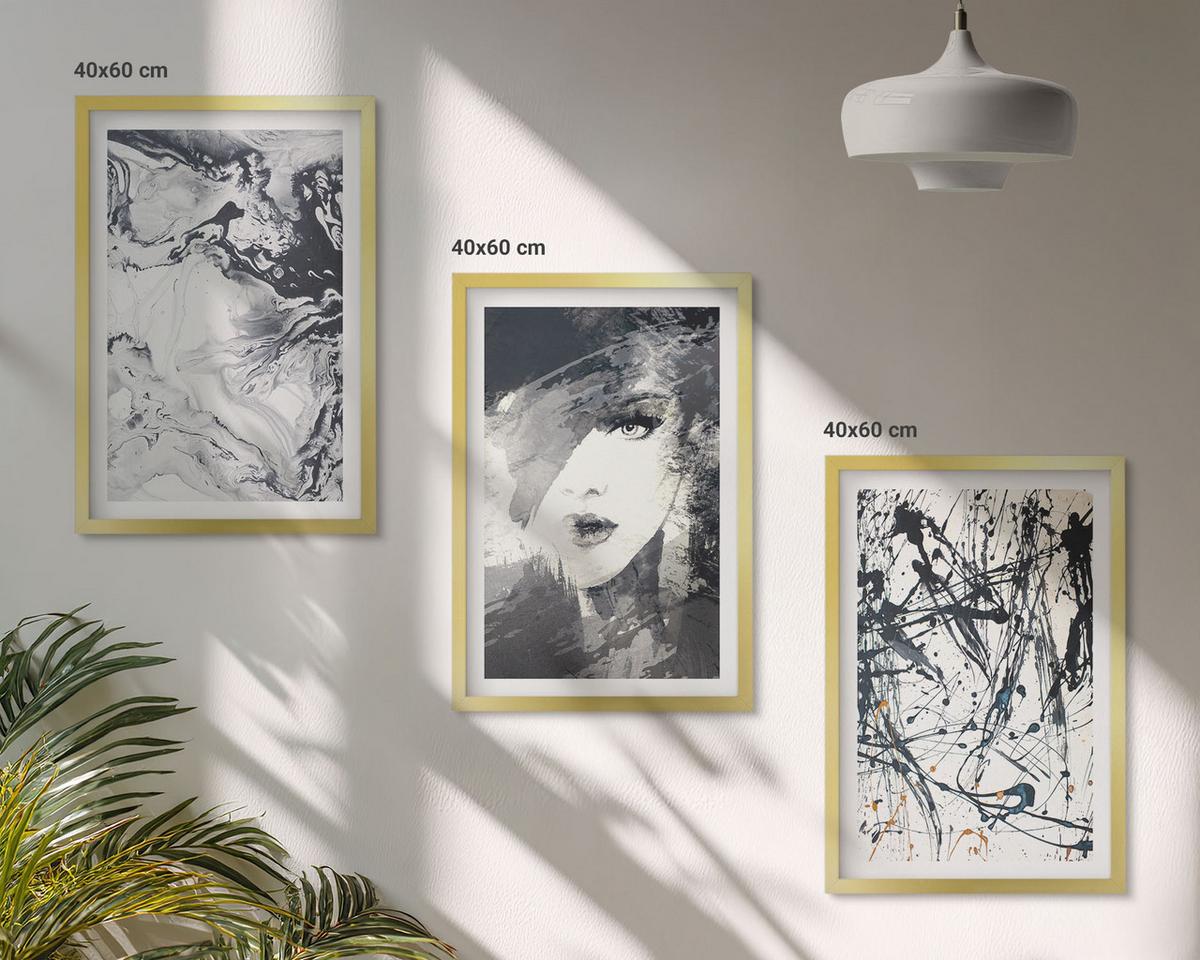 BILDER SET 3er Set - 40x60 cm Goldrahmen - Abstrakte schwarz-weiße Muster - Goldfarben, Kunststoff (40/60cm) - TULUP