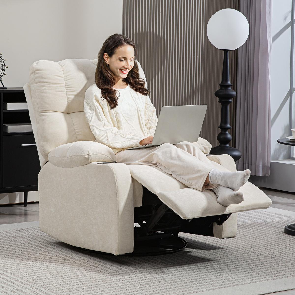 RELAXSESSEL Drehbar Fernsehsessel mit Liegefunktion, Schaukelfunktion Beige - Beige/Schwarz, Textil/Metall (96/108/88cm) - HOMCOM