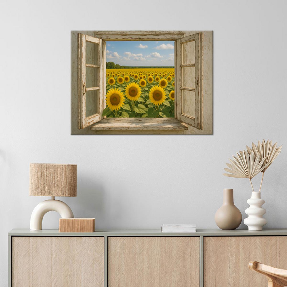 LEINWANDBILD Blick aus dem Fenster Sonnenblumenfeld Shabby Chic 60x40cm - Beige, Textil (60/40cm) - Feeby