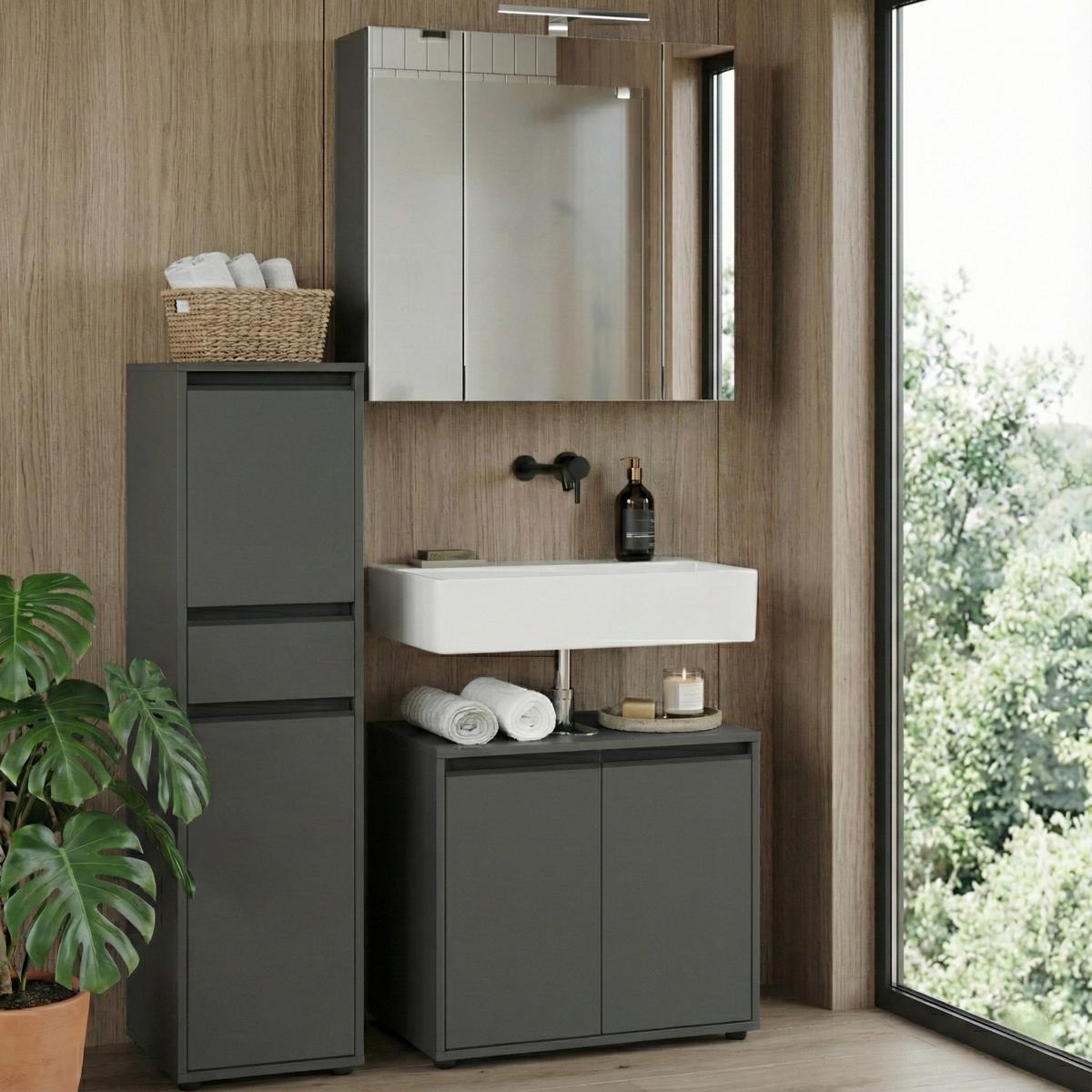 BADSCHRANK schmal HAMBURG Soft-Close, 33x121x34 cm | Graphit - Schwarz, Holzwerkstoff (33/121/34cm) - KADIMA DESIGN
